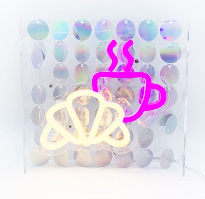 Croissant and Coffee Cup Sequin Neon Box